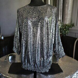 Vintage MAGGIE LAWRENCE COLLECTION Black Silver Metallic Blouse Size 14/16